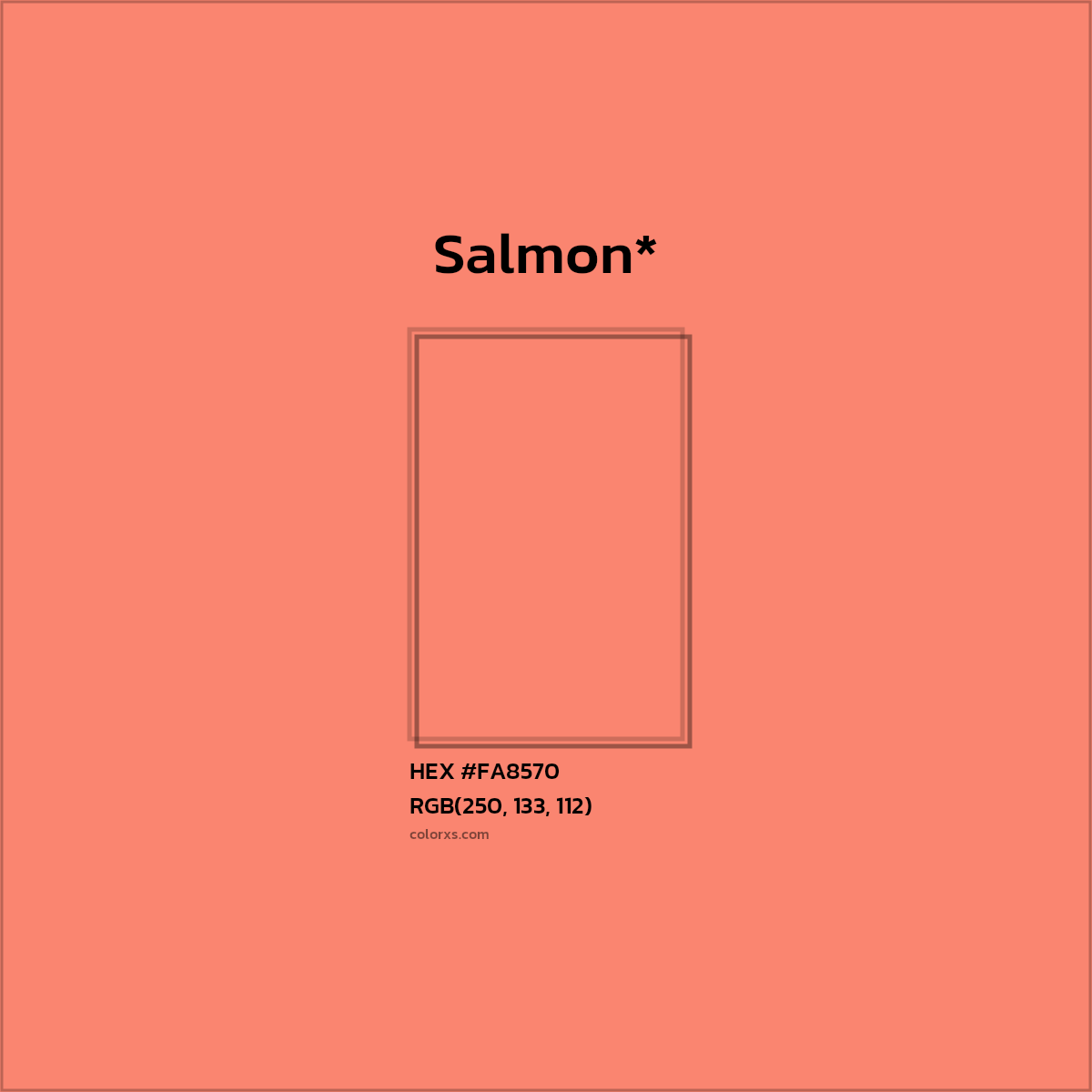 #FA8570 hex color. RGB, RYB, CMYK, HSL, HSV codes and color conversions. Matching color names, palettes, paints.
