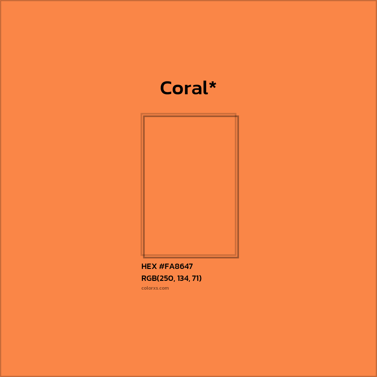 #FA8647 hex color. RGB, RYB, CMYK, HSL, HSV codes and color conversions. Matching color names, palettes, paints.