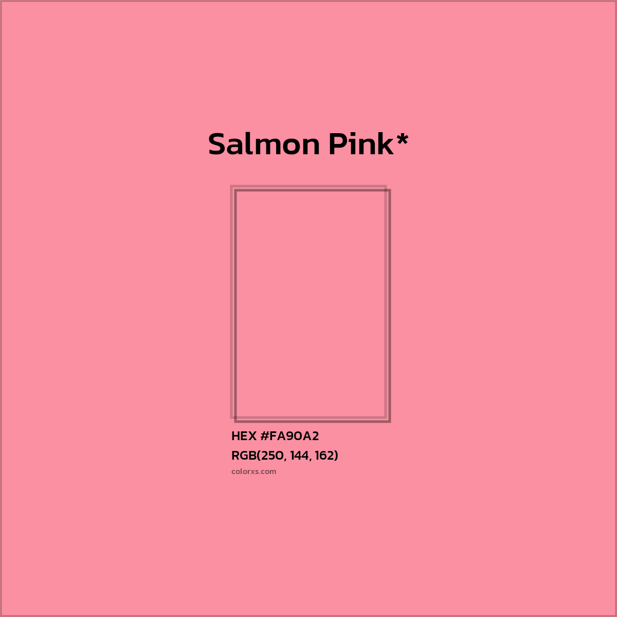 #FA90A2 hex color. RGB, RYB, CMYK, HSL, HSV codes and color conversions. Matching color names, palettes, paints.