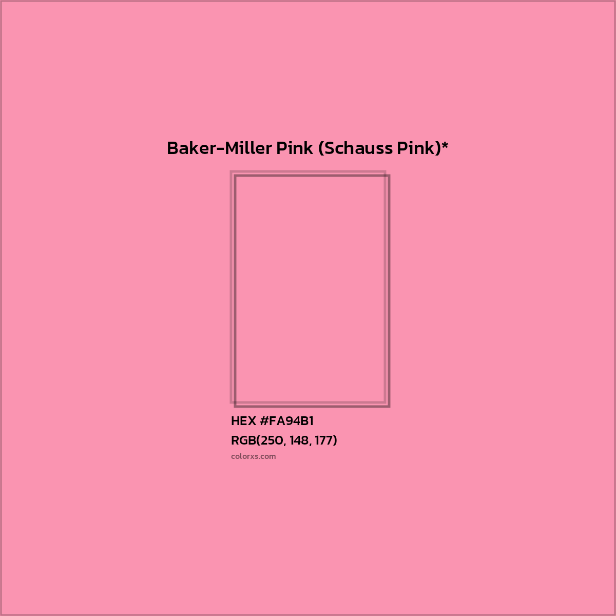 #FA94B1 hex color. RGB, RYB, CMYK, HSL, HSV codes and color conversions. Matching color names, palettes, paints.