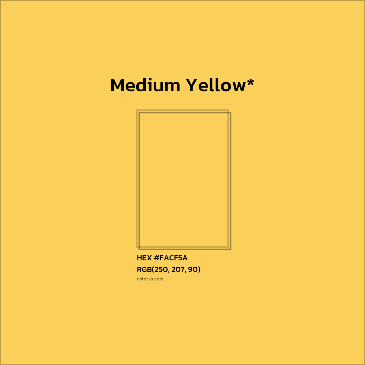 #FACF5A hex color. RGB, RYB, CMYK, HSL, HSV codes and color conversions. Matching color names, palettes, paints.