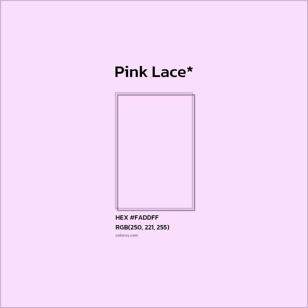 #FADDFF hex color. RGB, RYB, CMYK, HSL, HSV codes and color conversions. Matching color names, palettes, paints.