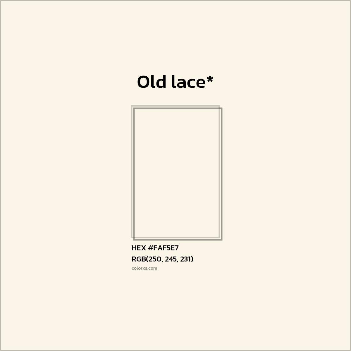 #FAF5E7 hex color. RGB, RYB, CMYK, HSL, HSV codes and color conversions. Matching color names, palettes, paints.