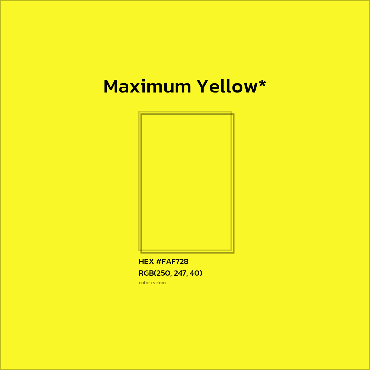 #FAF728 hex color. RGB, RYB, CMYK, HSL, HSV codes and color conversions. Matching color names, palettes, paints.