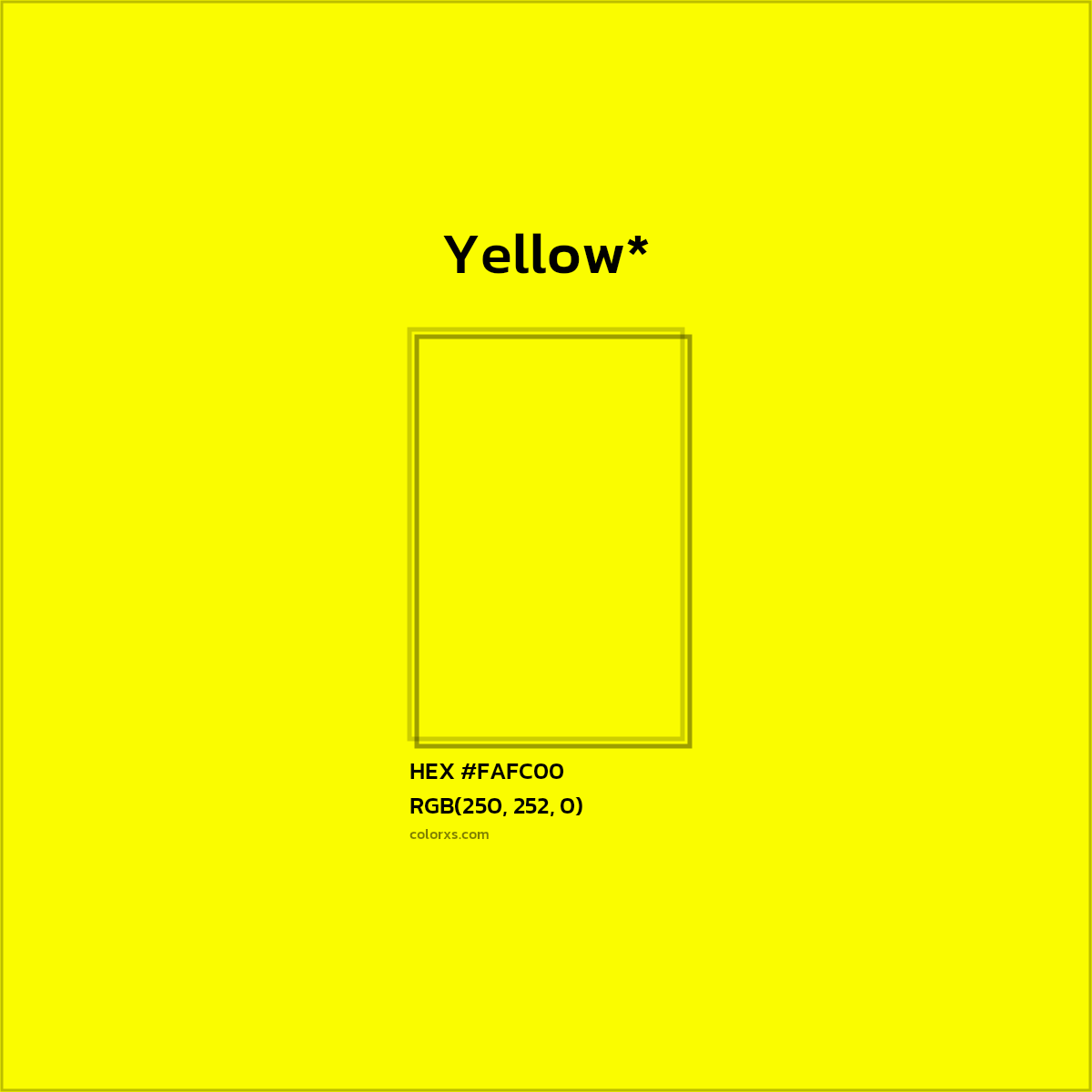 #FAFC00 hex color. RGB, RYB, CMYK, HSL, HSV codes and color conversions. Matching color names, palettes, paints.