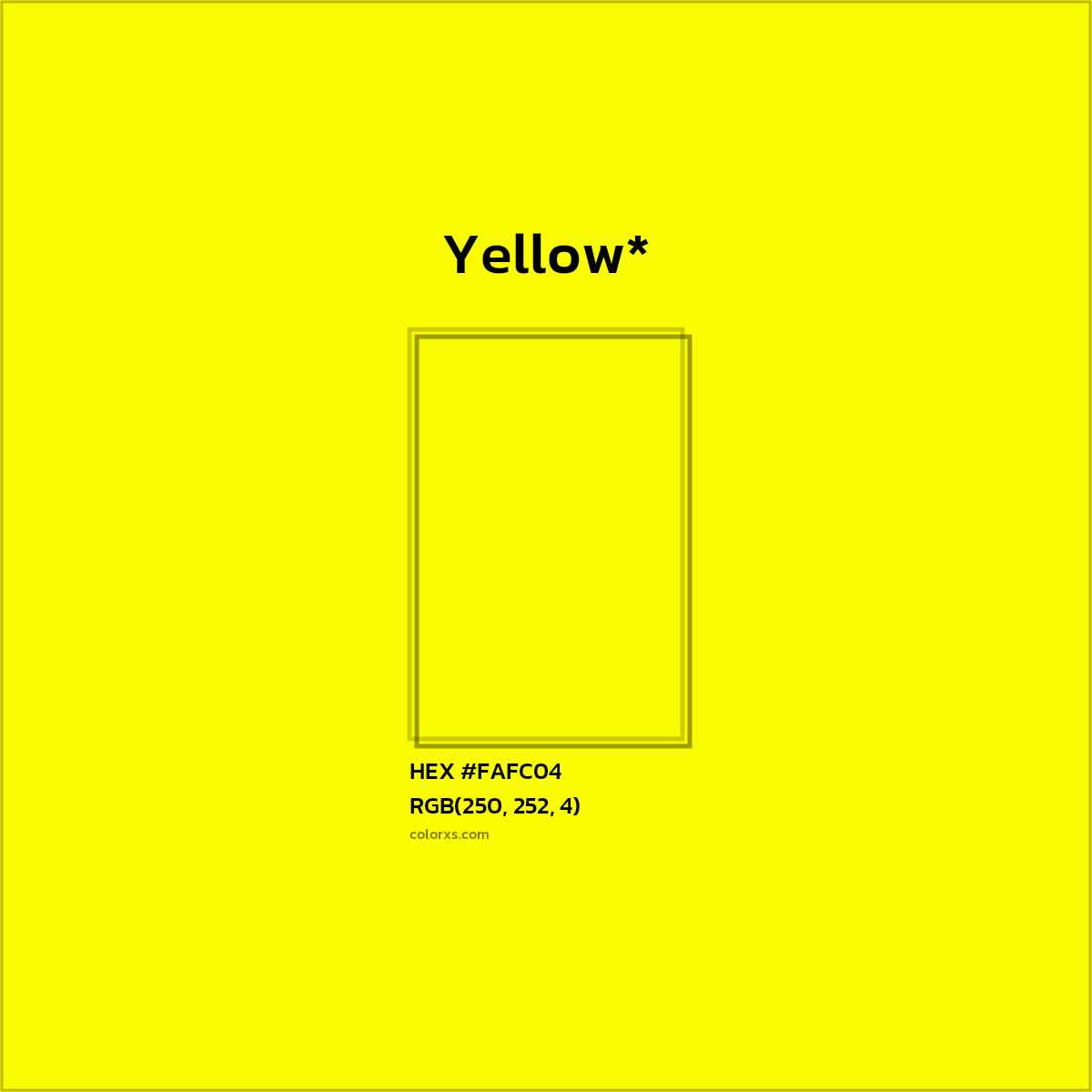 #FAFC04 hex color. RGB, RYB, CMYK, HSL, HSV codes and color conversions. Matching color names, palettes, paints.