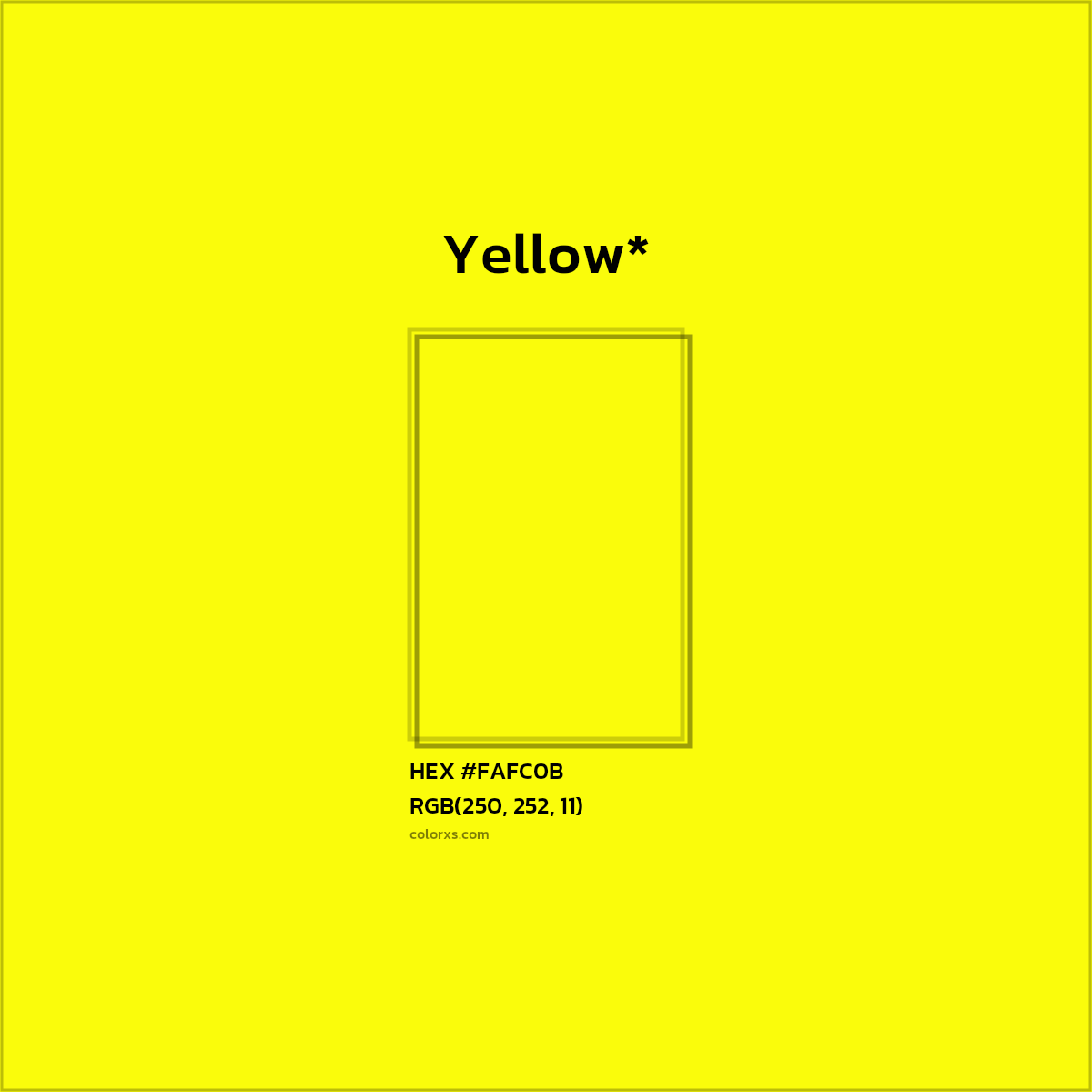 #FAFC0B hex color. RGB, RYB, CMYK, HSL, HSV codes and color conversions. Matching color names, palettes, paints.