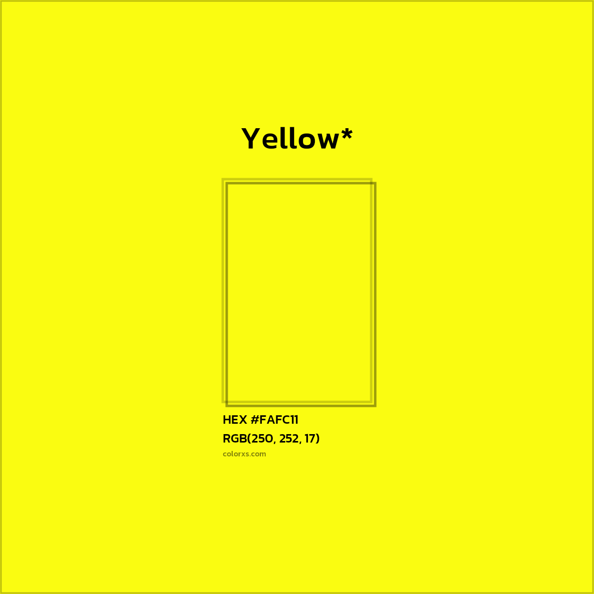 #FAFC11 hex color. RGB, RYB, CMYK, HSL, HSV codes and color conversions. Matching color names, palettes, paints.