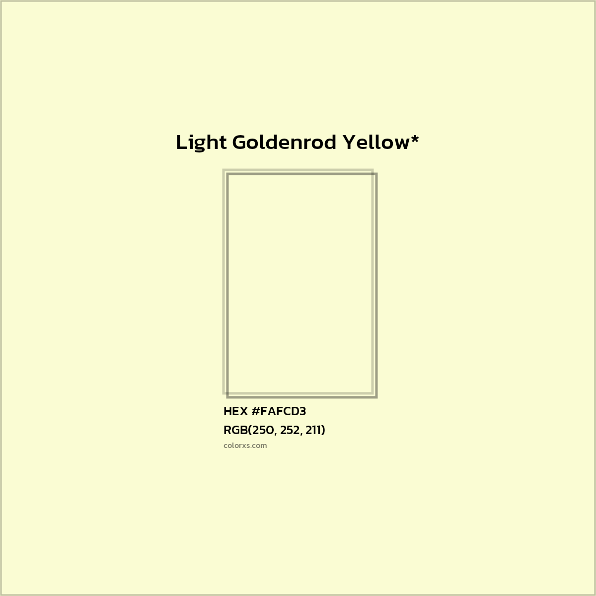 #FAFCD3 hex color. RGB, RYB, CMYK, HSL, HSV codes and color conversions. Matching color names, palettes, paints.