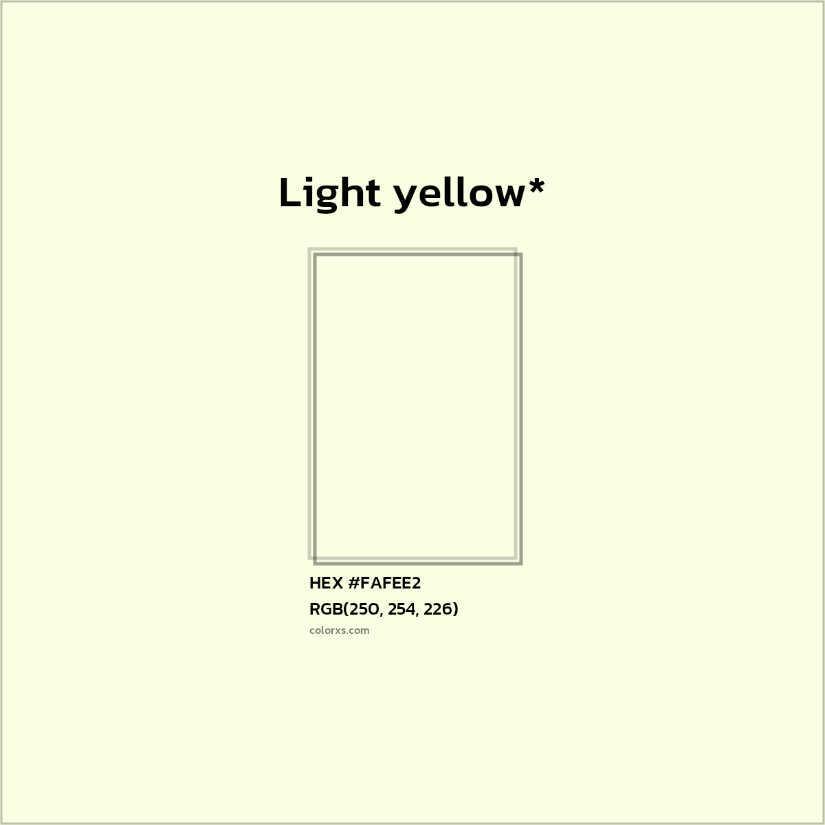#FAFEE2 hex color. RGB, RYB, CMYK, HSL, HSV codes and color conversions. Matching color names, palettes, paints.