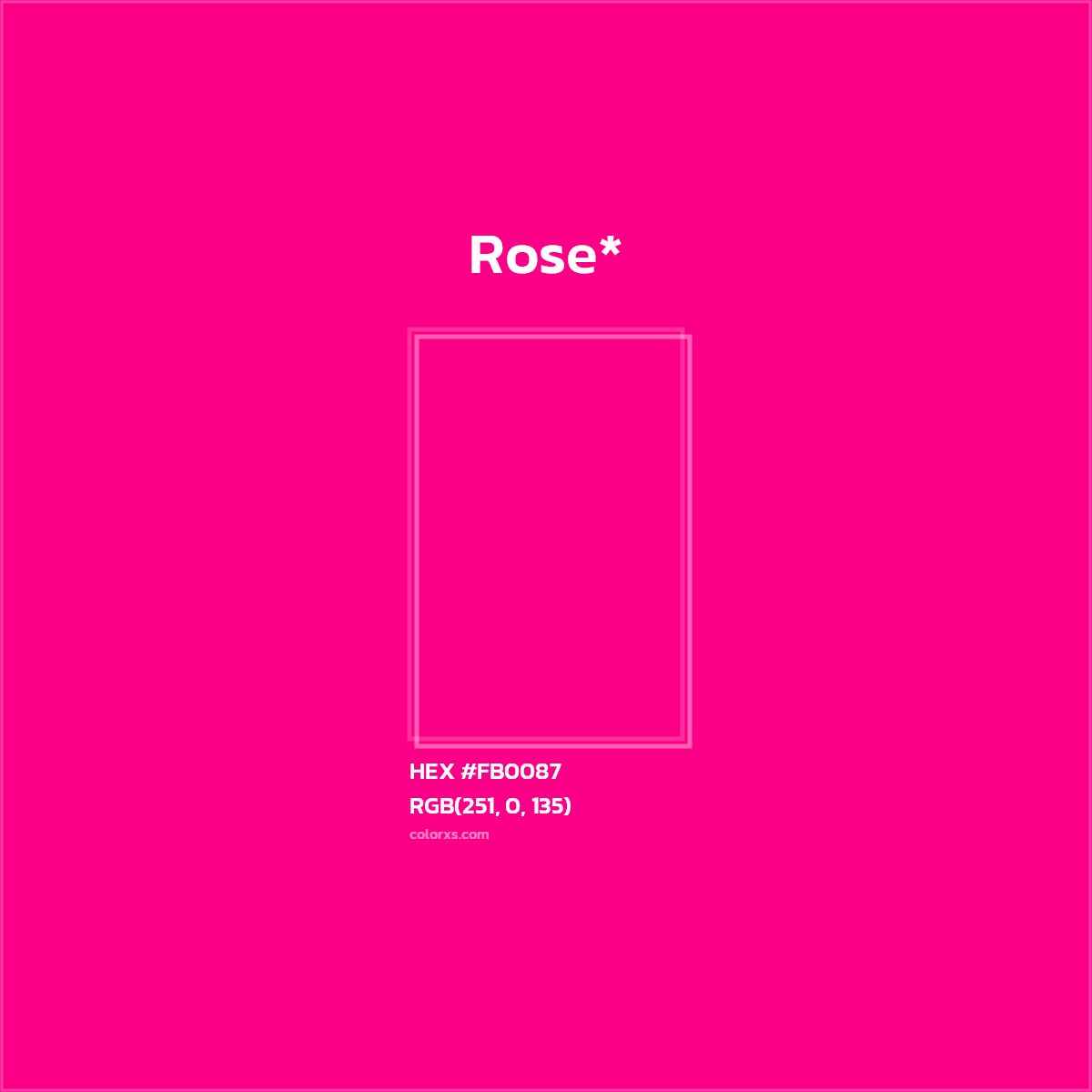 #FB0087 hex color. RGB, RYB, CMYK, HSL, HSV codes and color conversions. Matching color names, palettes, paints.