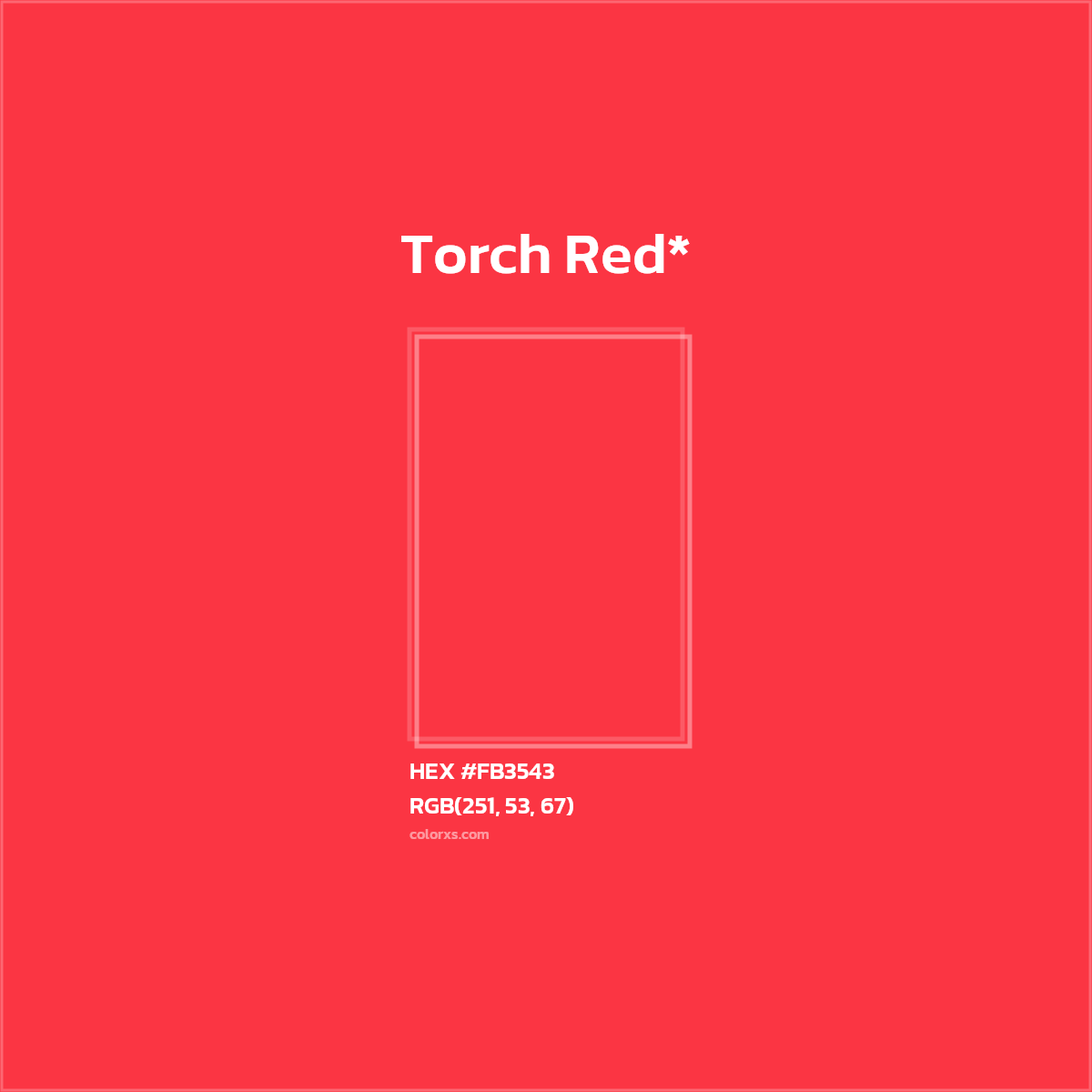 #FB3543 hex color. RGB, RYB, CMYK, HSL, HSV codes and color conversions. Matching color names, palettes, paints.