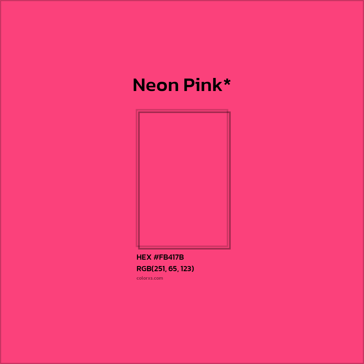 #FB417B hex color. RGB, RYB, CMYK, HSL, HSV codes and color conversions. Matching color names, palettes, paints.