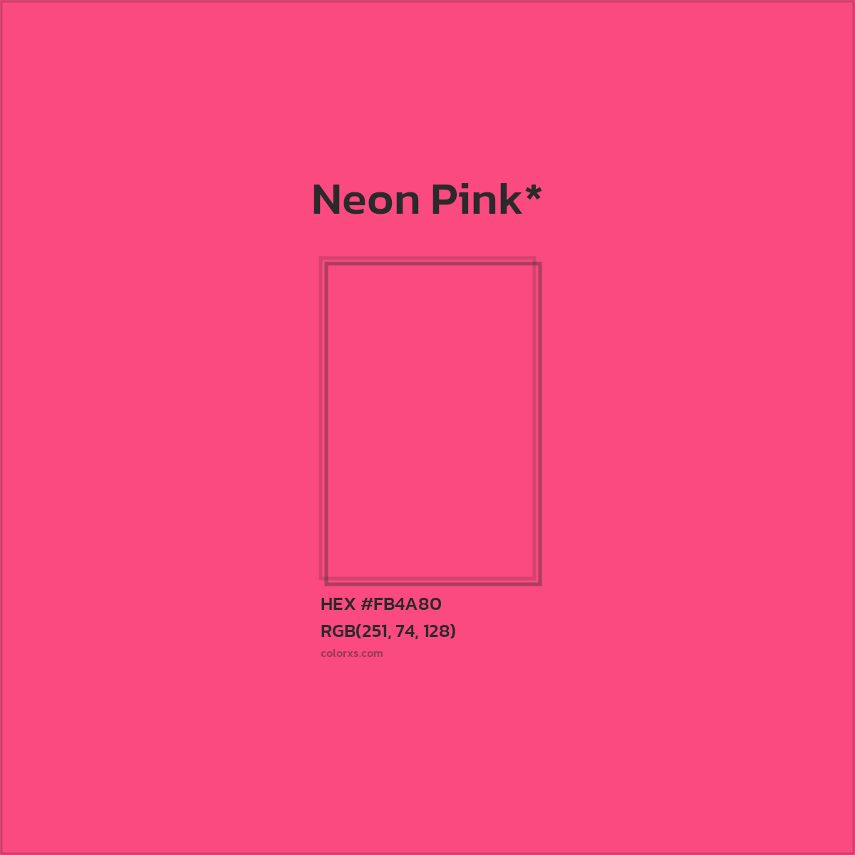 #FB4A80 hex color. RGB, RYB, CMYK, HSL, HSV codes and color conversions. Matching color names, palettes, paints.