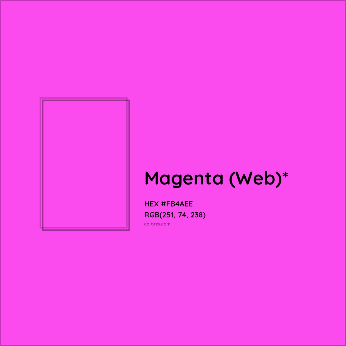 #FB4AEE hex color. RGB, RYB, CMYK, HSL, HSV codes and color conversions. Matching color names, palettes, paints.