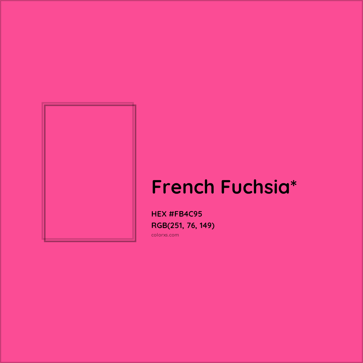 #FB4C95 hex color. RGB, RYB, CMYK, HSL, HSV codes and color conversions. Matching color names, palettes, paints.