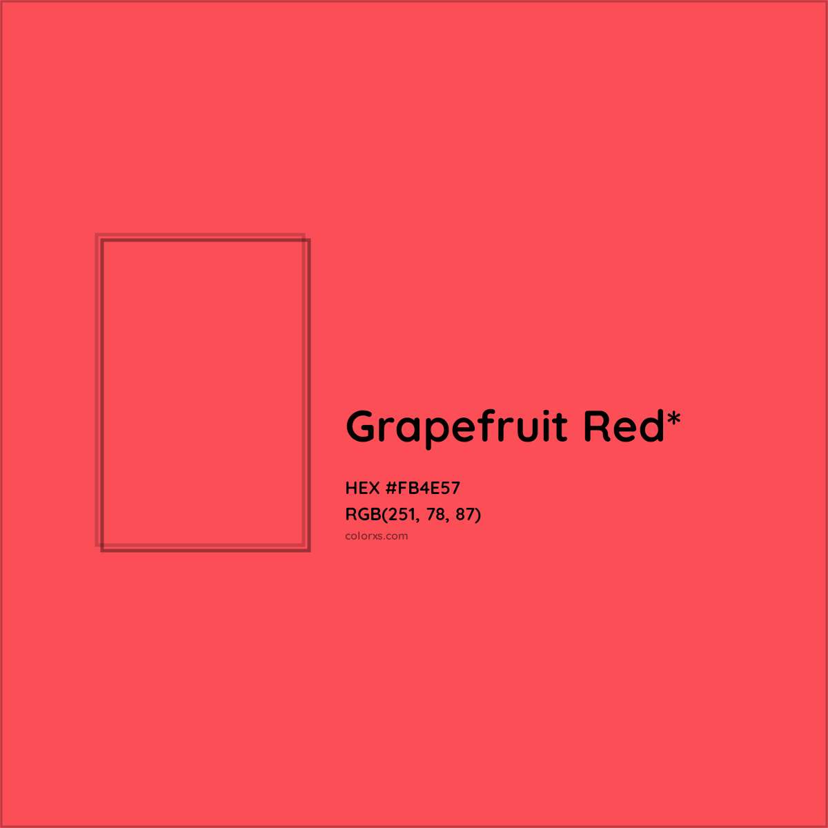 #FB4E57 hex color. RGB, RYB, CMYK, HSL, HSV codes and color conversions. Matching color names, palettes, paints.