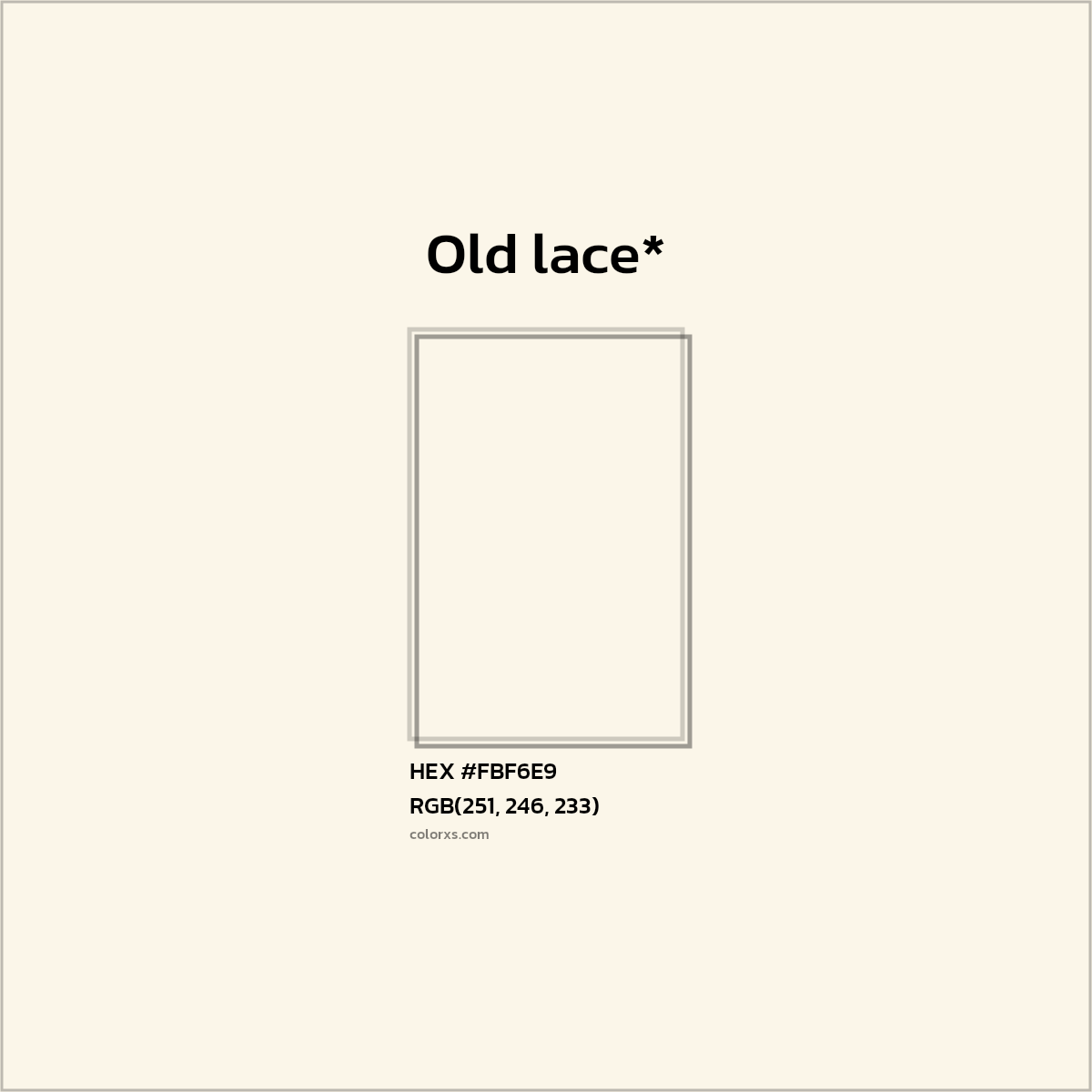 #FBF6E9 hex color. RGB, RYB, CMYK, HSL, HSV codes and color conversions. Matching color names, palettes, paints.