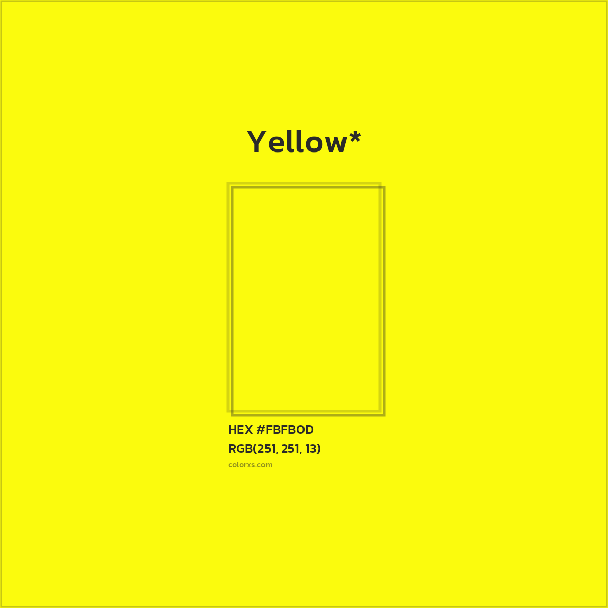 #FBFB0D hex color. RGB, RYB, CMYK, HSL, HSV codes and color conversions. Matching color names, palettes, paints.