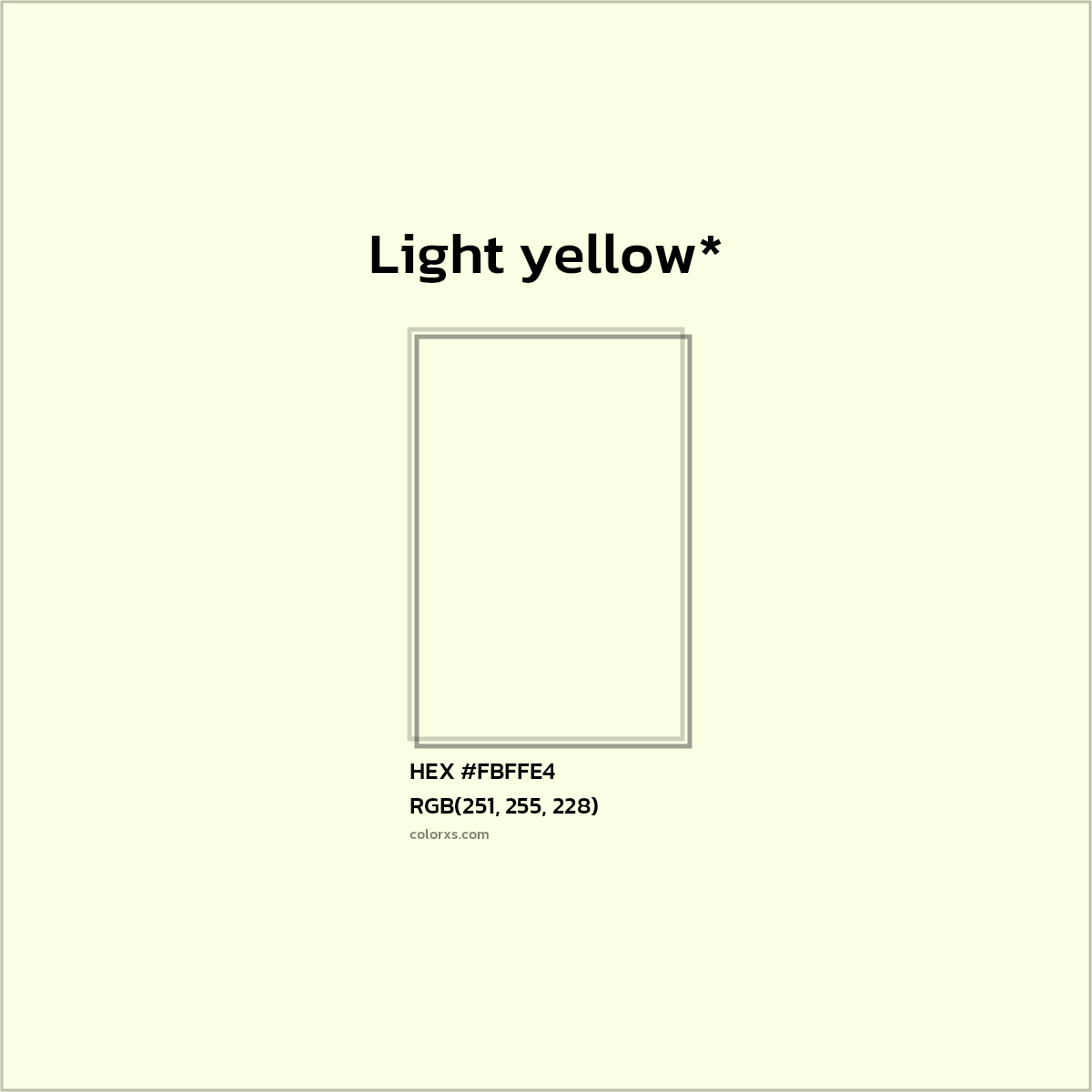 #FBFFE4 hex color. RGB, RYB, CMYK, HSL, HSV codes and color conversions. Matching color names, palettes, paints.