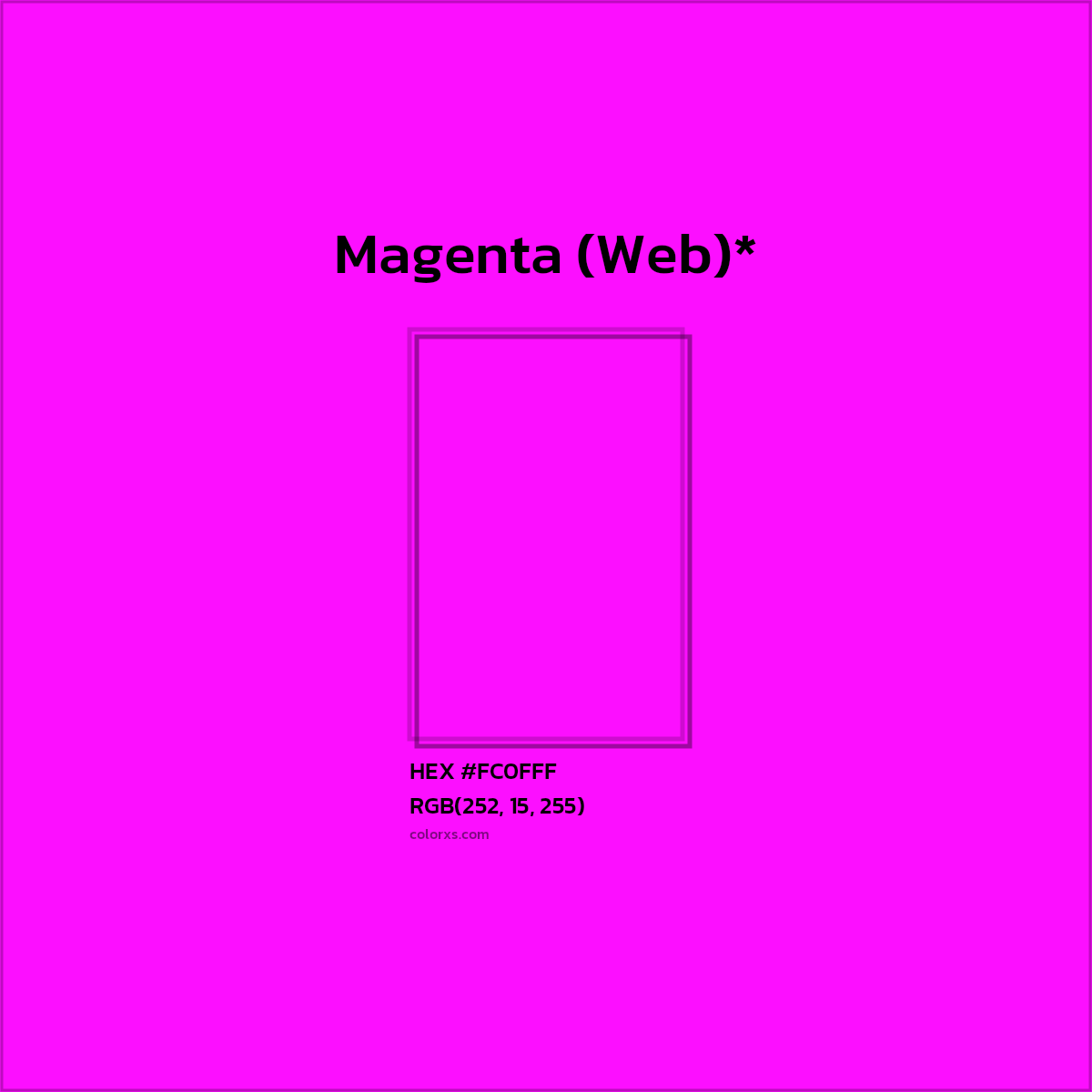 #FC0FFF hex color. RGB, RYB, CMYK, HSL, HSV codes and color conversions. Matching color names, palettes, paints.