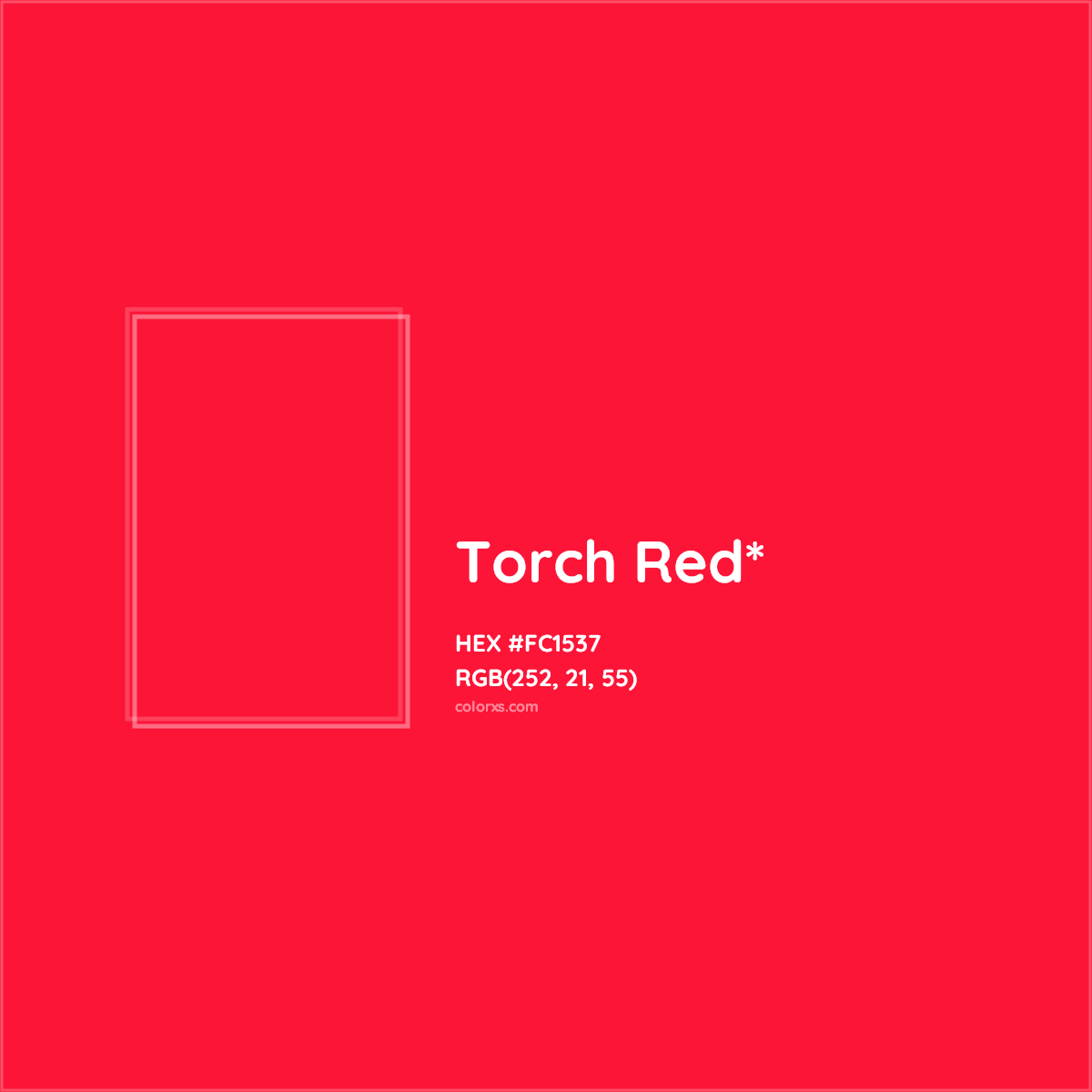 #FC1537 hex color. RGB, RYB, CMYK, HSL, HSV codes and color conversions. Matching color names, palettes, paints.