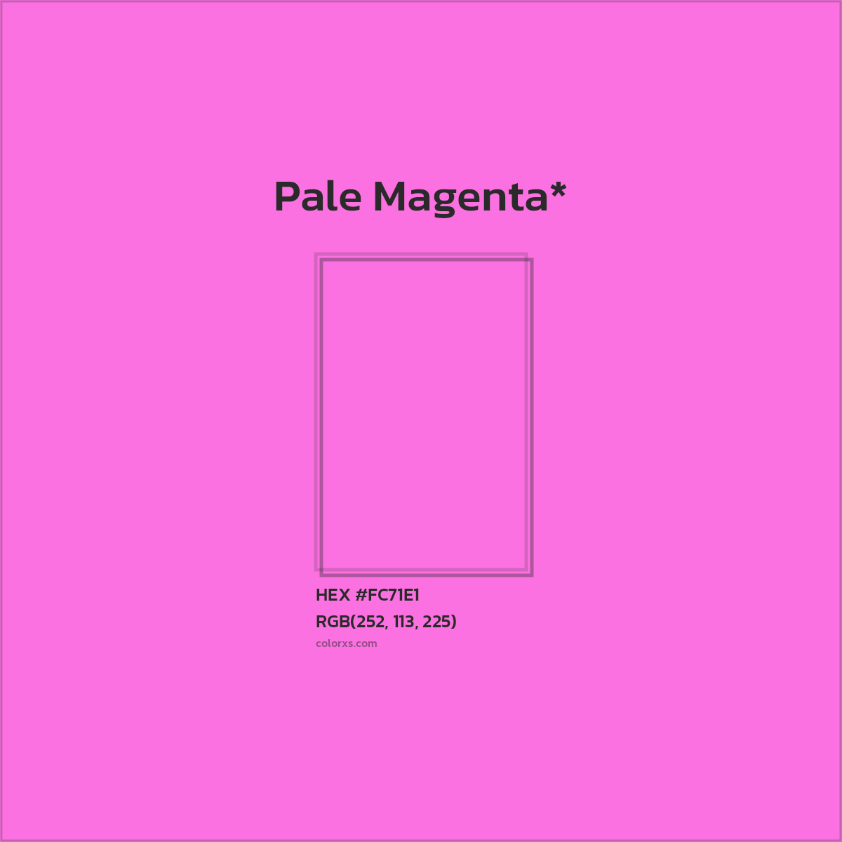 #FC71E1 hex color. RGB, RYB, CMYK, HSL, HSV codes and color conversions. Matching color names, palettes, paints.
