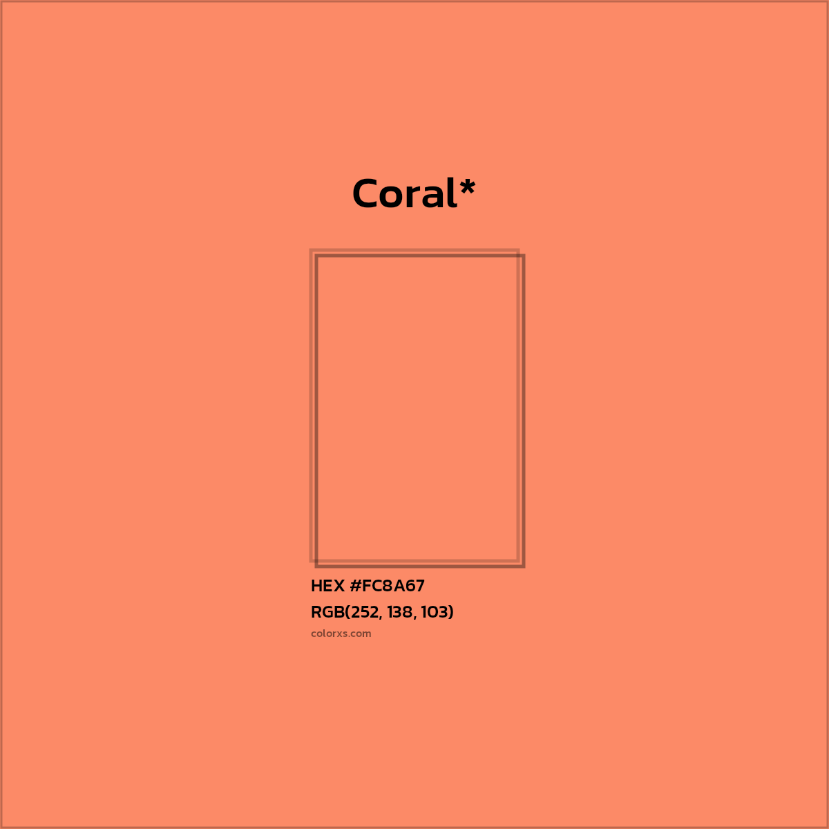 #FC8A67 hex color. RGB, RYB, CMYK, HSL, HSV codes and color conversions. Matching color names, palettes, paints.