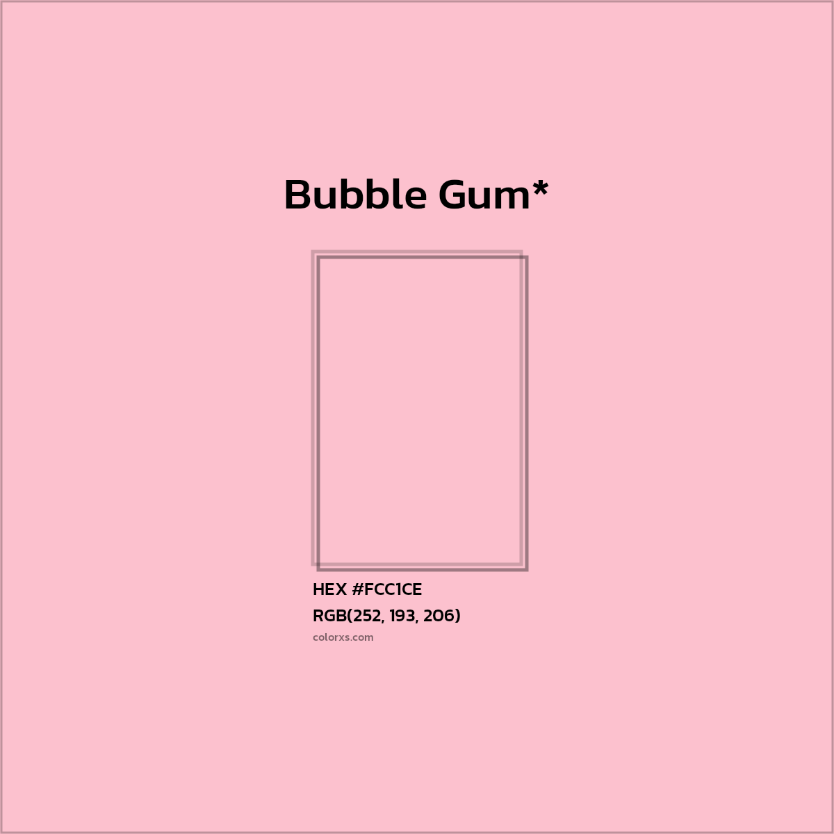 #FCC1CE hex color. RGB, RYB, CMYK, HSL, HSV codes and color conversions. Matching color names, palettes, paints.