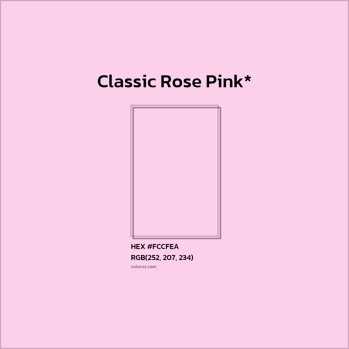 #FCCFEA hex color. RGB, RYB, CMYK, HSL, HSV codes and color conversions. Matching color names, palettes, paints.
