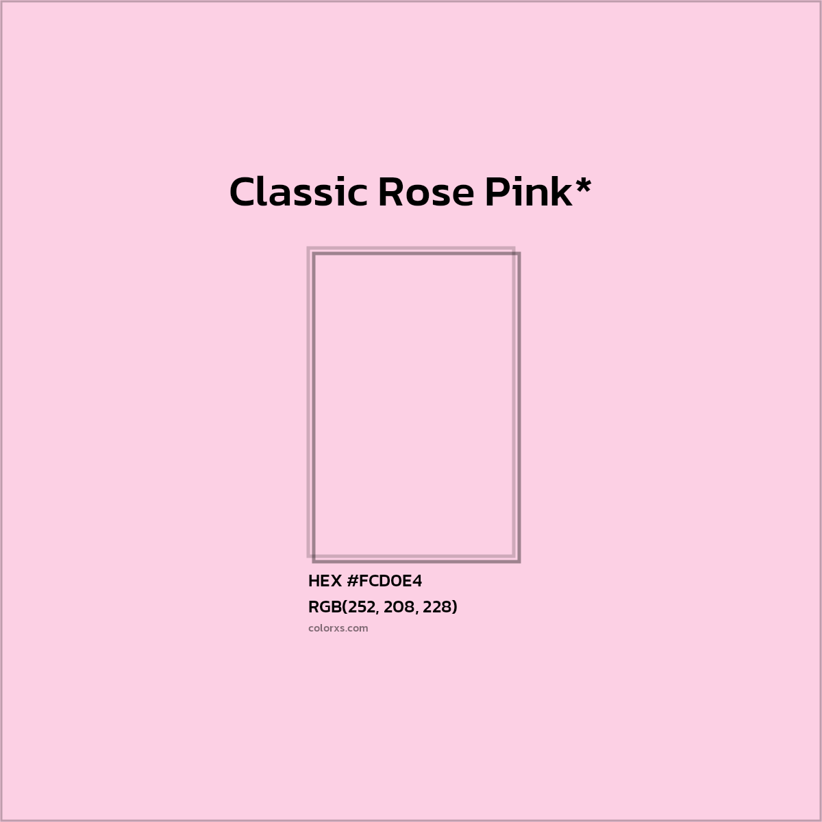 #FCD0E4 hex color. RGB, RYB, CMYK, HSL, HSV codes and color conversions. Matching color names, palettes, paints.