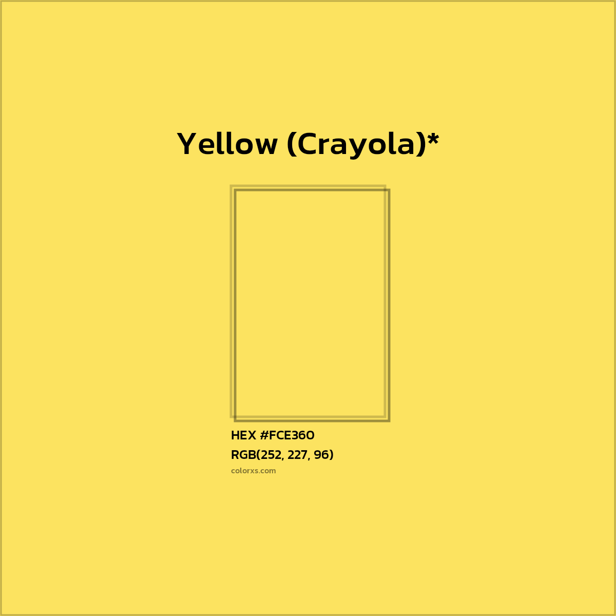 #FCE360 hex color. RGB, RYB, CMYK, HSL, HSV codes and color conversions. Matching color names, palettes, paints.