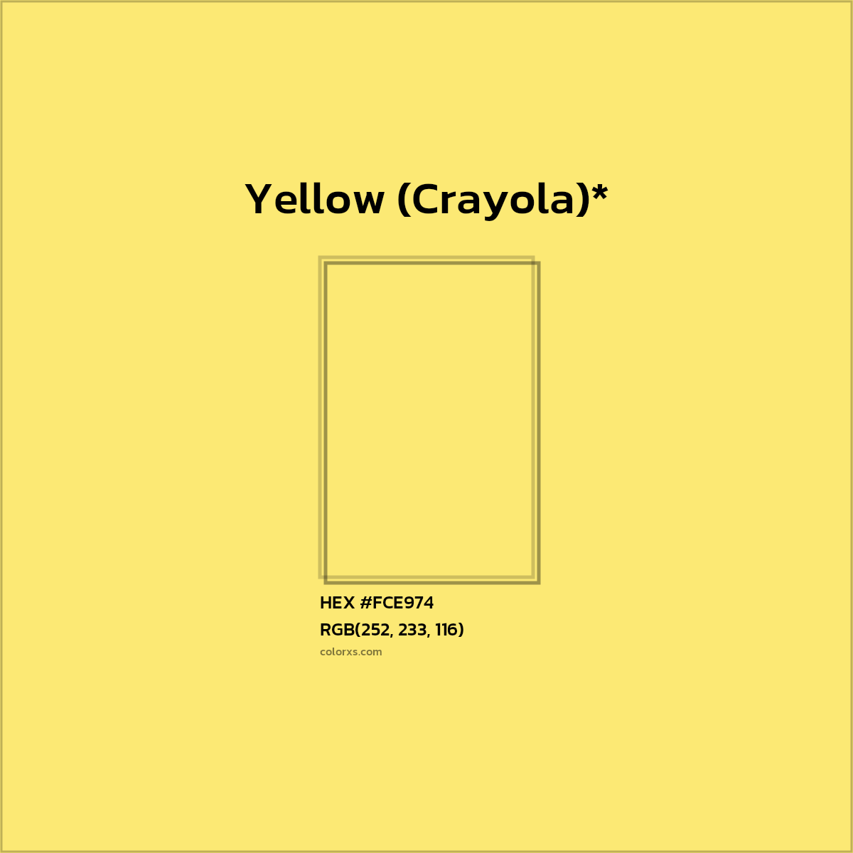 #FCE974 hex color. RGB, RYB, CMYK, HSL, HSV codes and color conversions. Matching color names, palettes, paints.