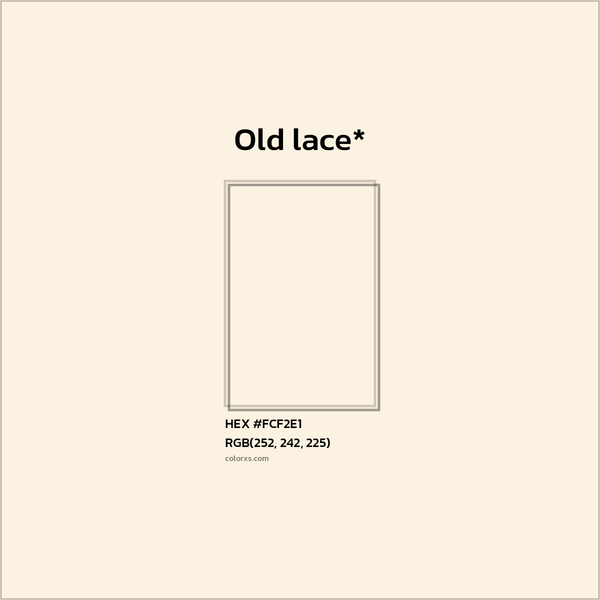 #FCF2E1 hex color. RGB, RYB, CMYK, HSL, HSV codes and color conversions. Matching color names, palettes, paints.