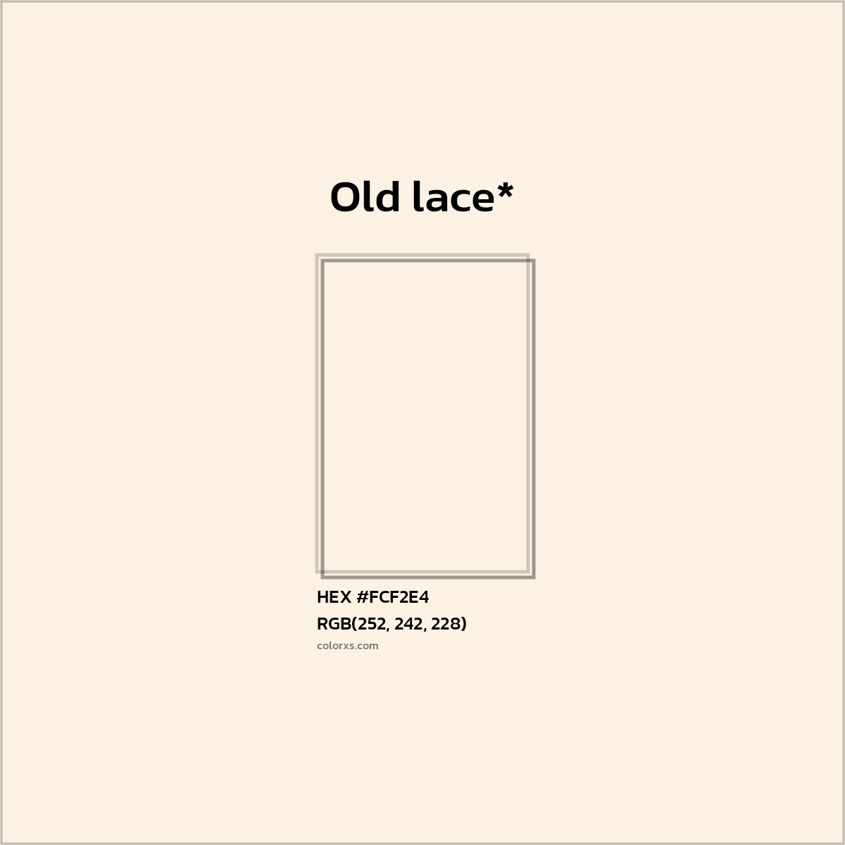 #FCF2E4 hex color. RGB, RYB, CMYK, HSL, HSV codes and color conversions. Matching color names, palettes, paints.