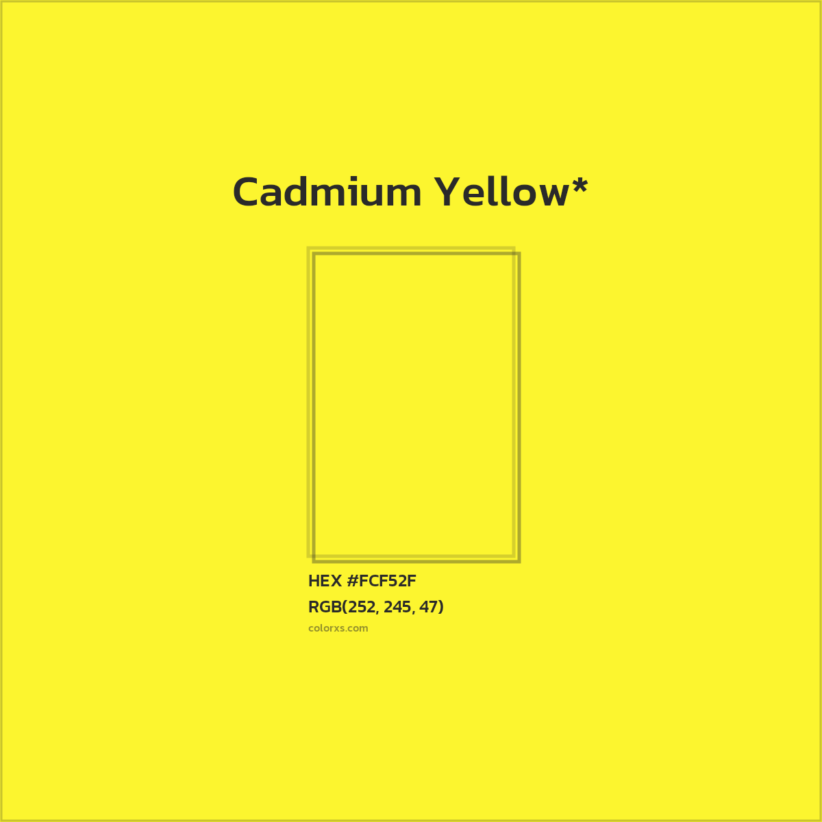 #FCF52F hex color. RGB, RYB, CMYK, HSL, HSV codes and color conversions. Matching color names, palettes, paints.
