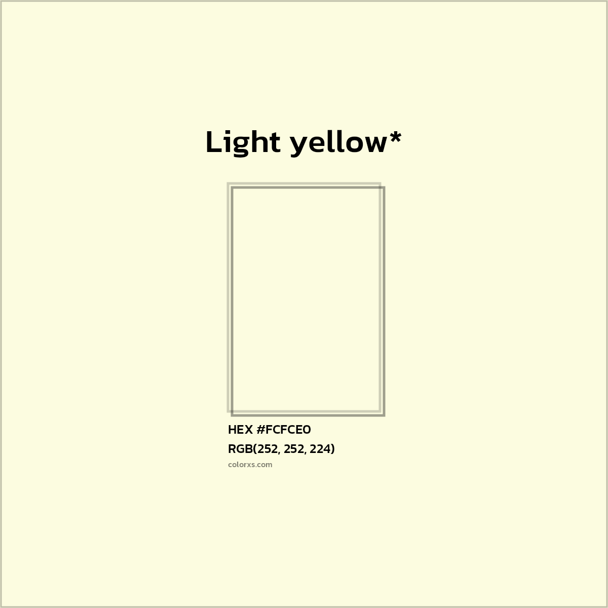 #FCFCE0 hex color. RGB, RYB, CMYK, HSL, HSV codes and color conversions. Matching color names, palettes, paints.