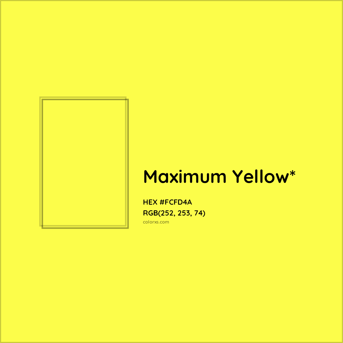 #FCFD4A hex color. RGB, RYB, CMYK, HSL, HSV codes and color conversions. Matching color names, palettes, paints.