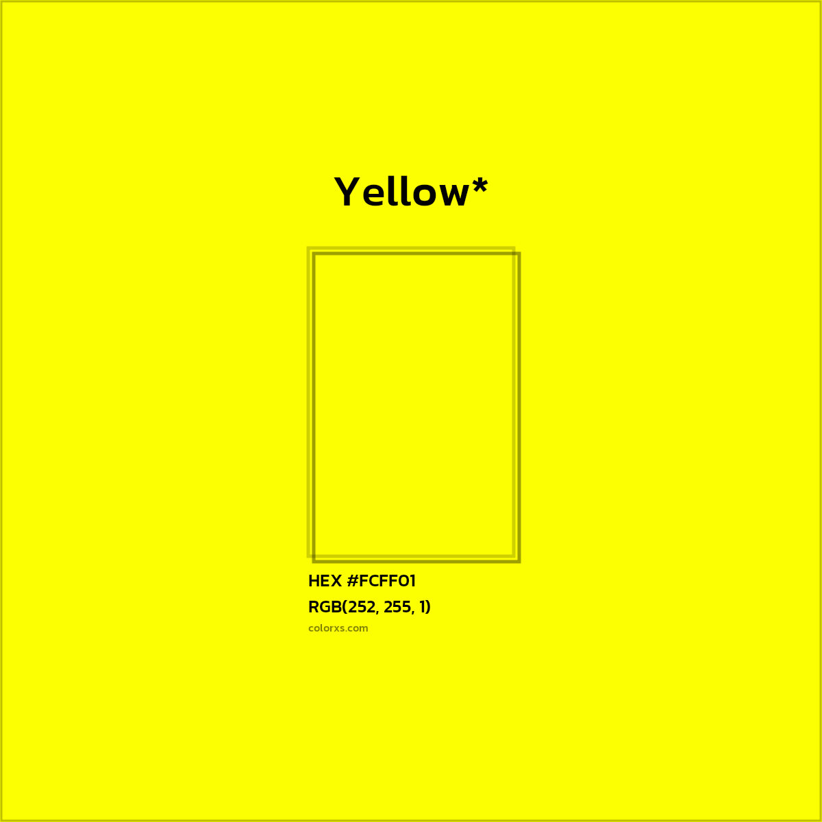 #FCFF01 hex color. RGB, RYB, CMYK, HSL, HSV codes and color conversions. Matching color names, palettes, paints.