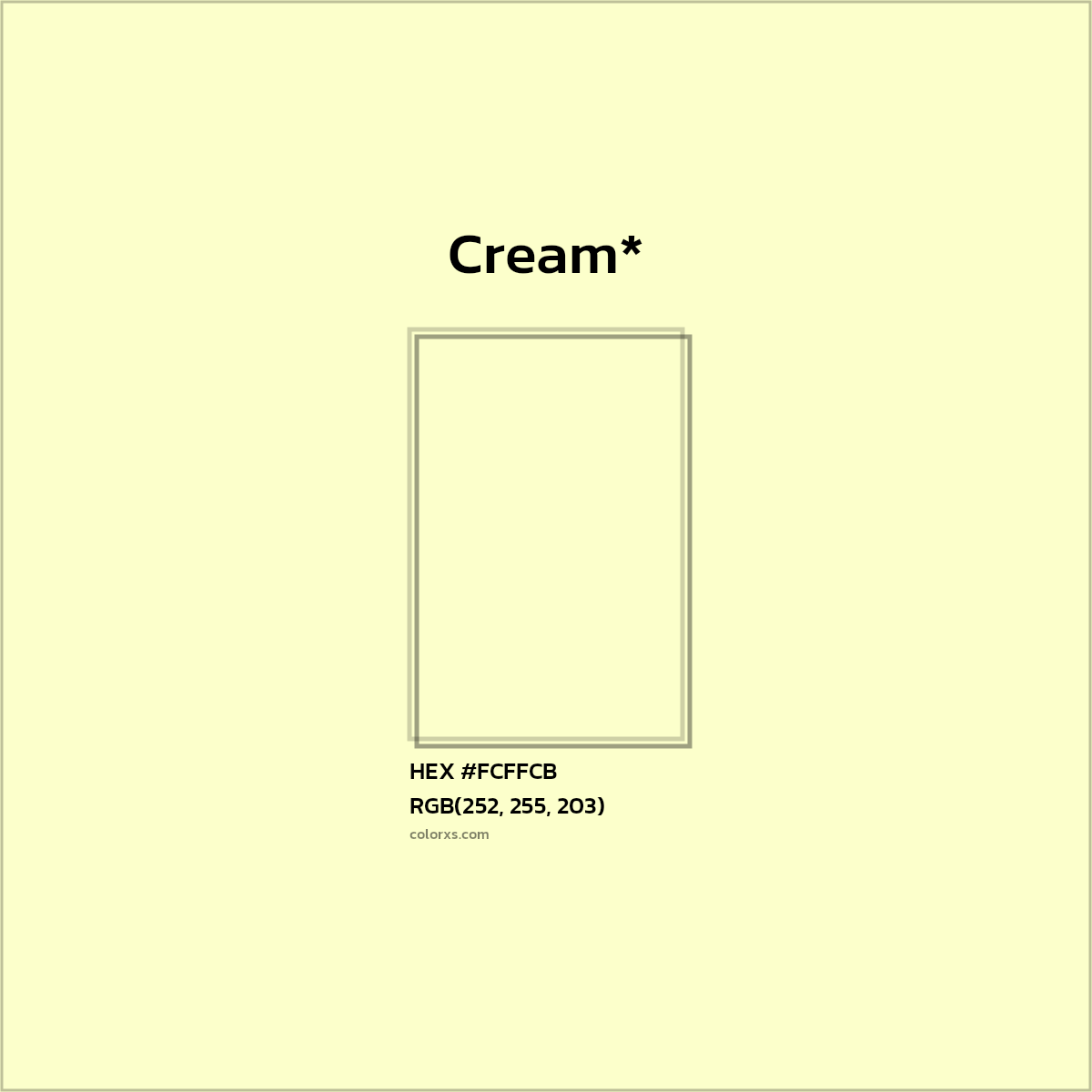 #FCFFCB hex color. RGB, RYB, CMYK, HSL, HSV codes and color conversions. Matching color names, palettes, paints.