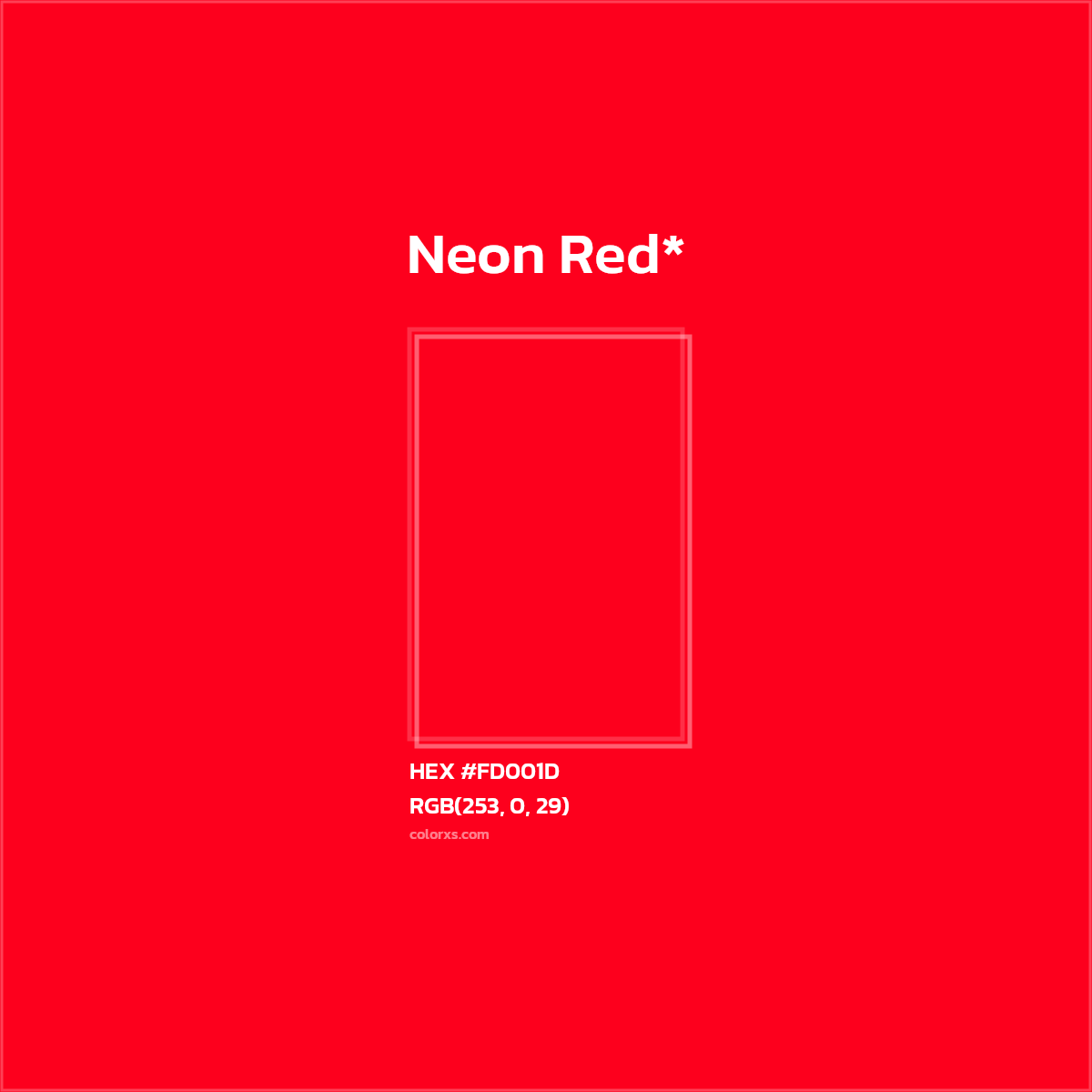 #FD001D hex color. RGB, RYB, CMYK, HSL, HSV codes and color conversions. Matching color names, palettes, paints.