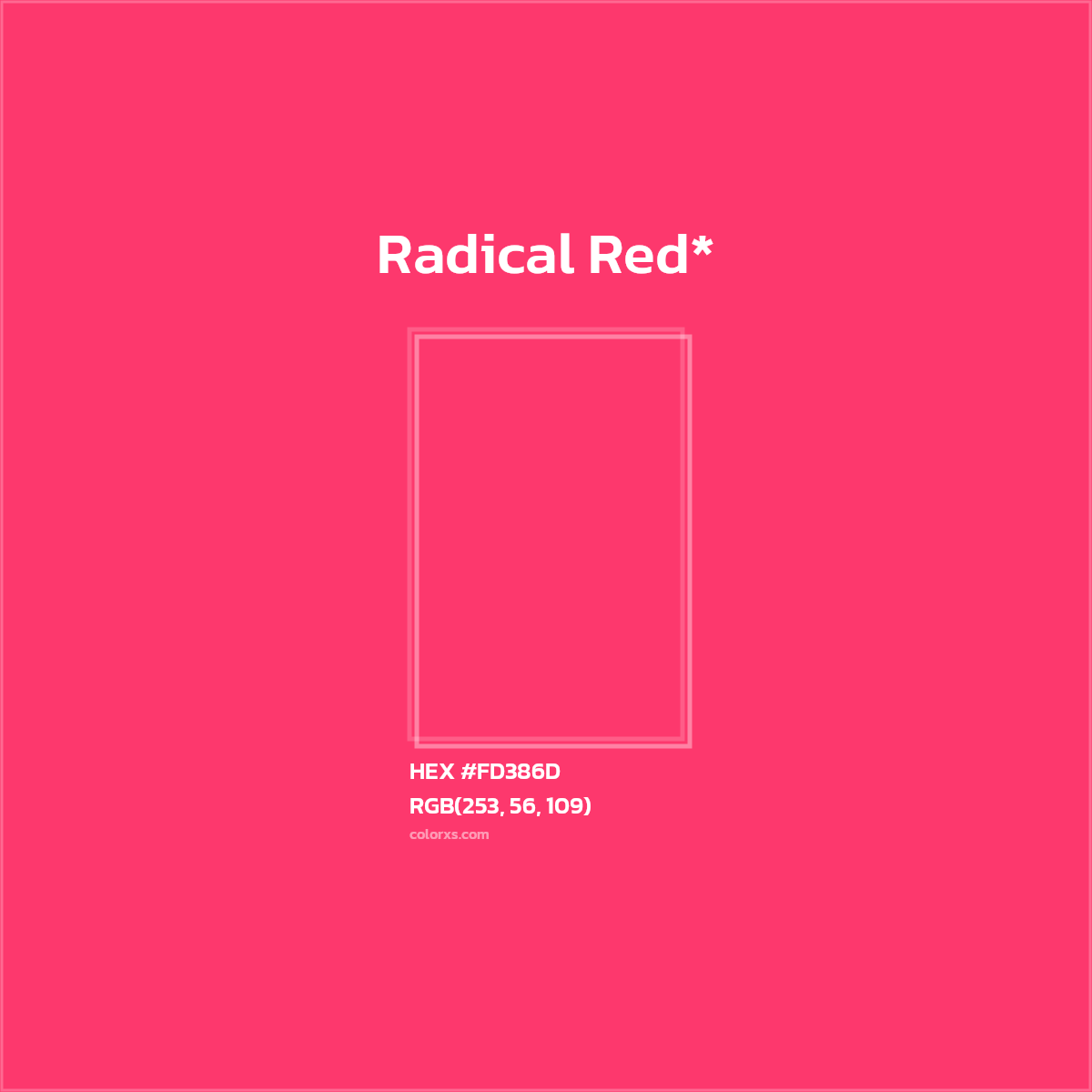 #FD386D hex color. RGB, RYB, CMYK, HSL, HSV codes and color conversions. Matching color names, palettes, paints.