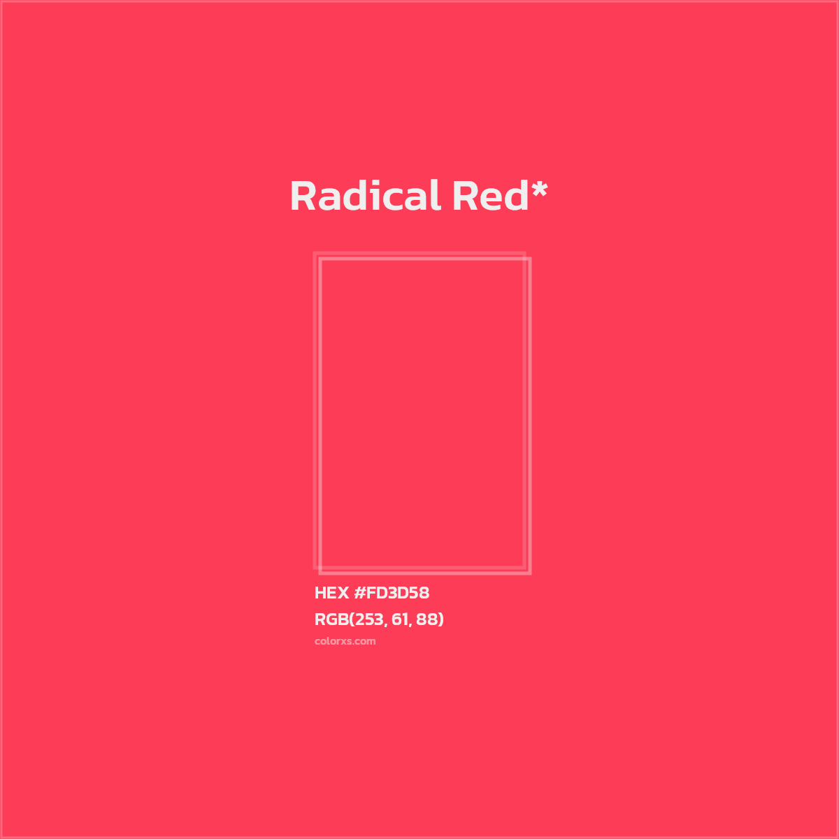 #FD3D58 hex color. RGB, RYB, CMYK, HSL, HSV codes and color conversions. Matching color names, palettes, paints.