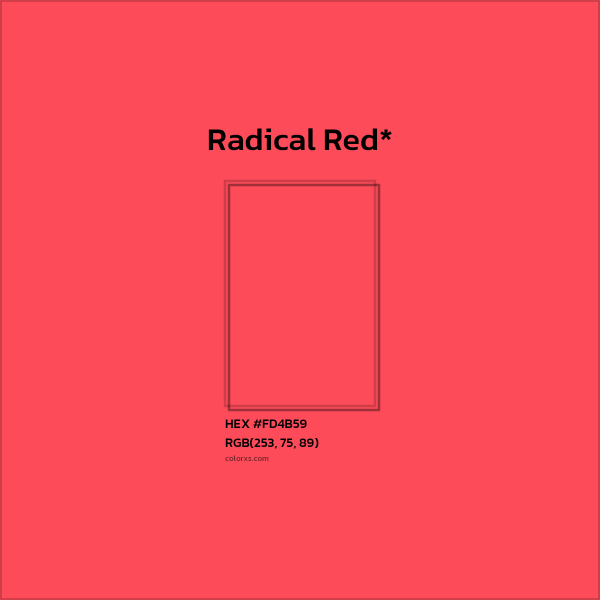 #FD4B59 hex color. RGB, RYB, CMYK, HSL, HSV codes and color conversions. Matching color names, palettes, paints.
