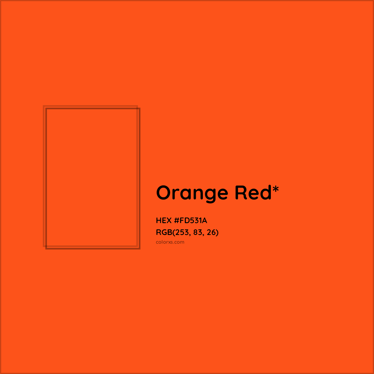 #FD531A hex color. RGB, RYB, CMYK, HSL, HSV codes and color conversions. Matching color names, palettes, paints.