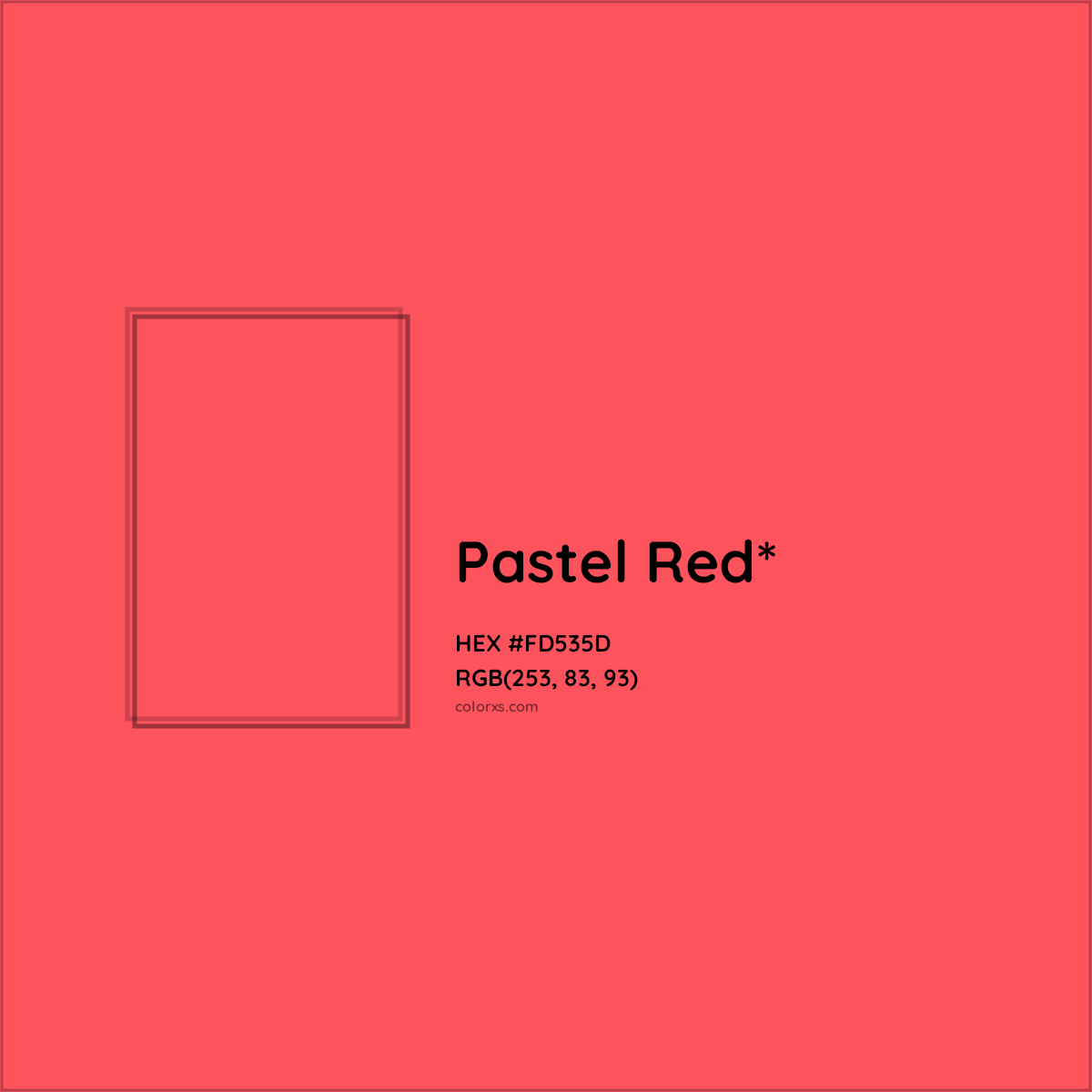 #FD535D hex color. RGB, RYB, CMYK, HSL, HSV codes and color conversions. Matching color names, palettes, paints.