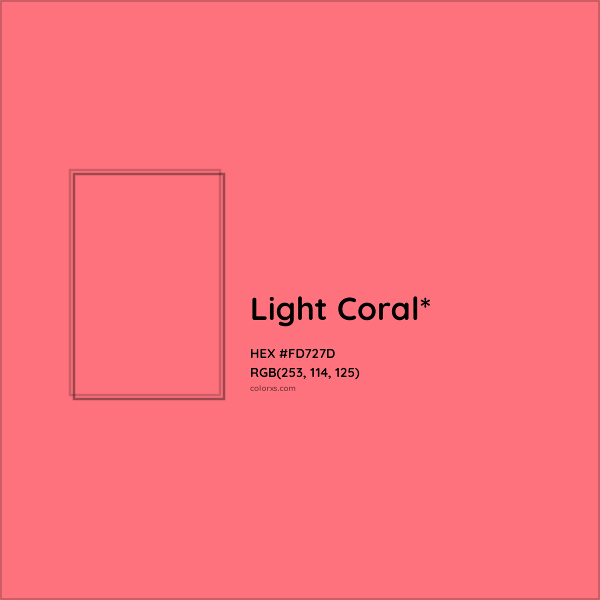 #FD727D hex color. RGB, RYB, CMYK, HSL, HSV codes and color conversions. Matching color names, palettes, paints.