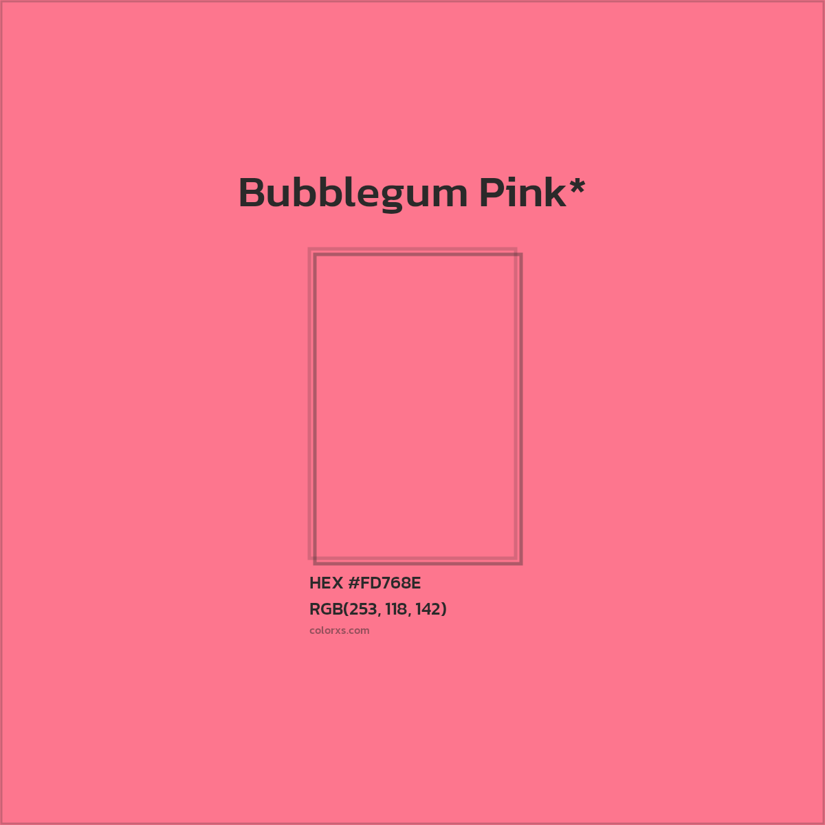 #FD768E hex color. RGB, RYB, CMYK, HSL, HSV codes and color conversions. Matching color names, palettes, paints.