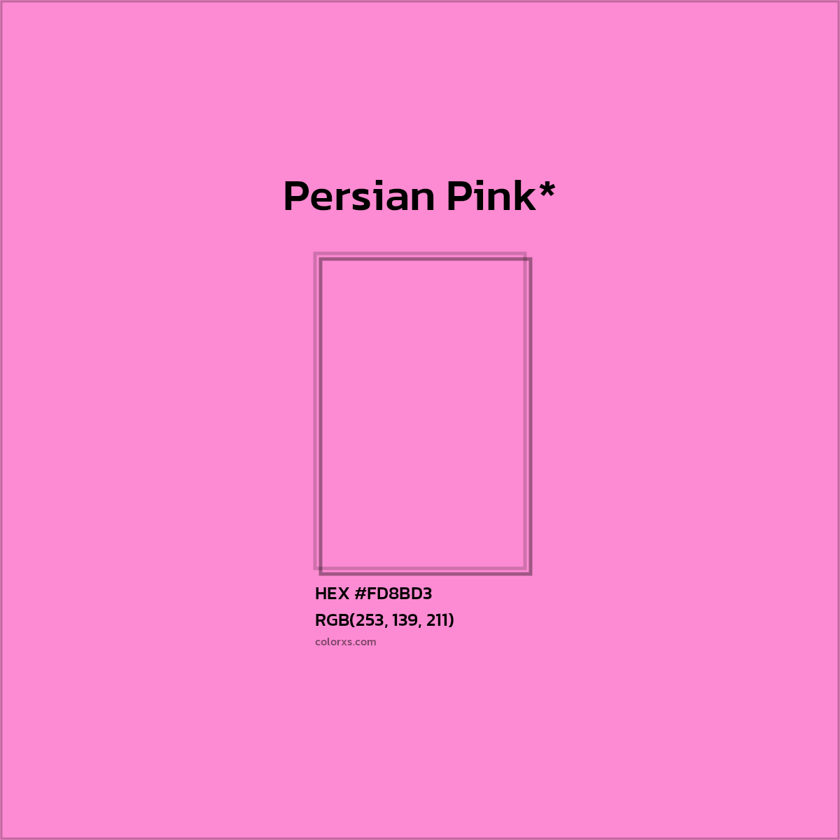 #FD8BD3 hex color. RGB, RYB, CMYK, HSL, HSV codes and color conversions. Matching color names, palettes, paints.