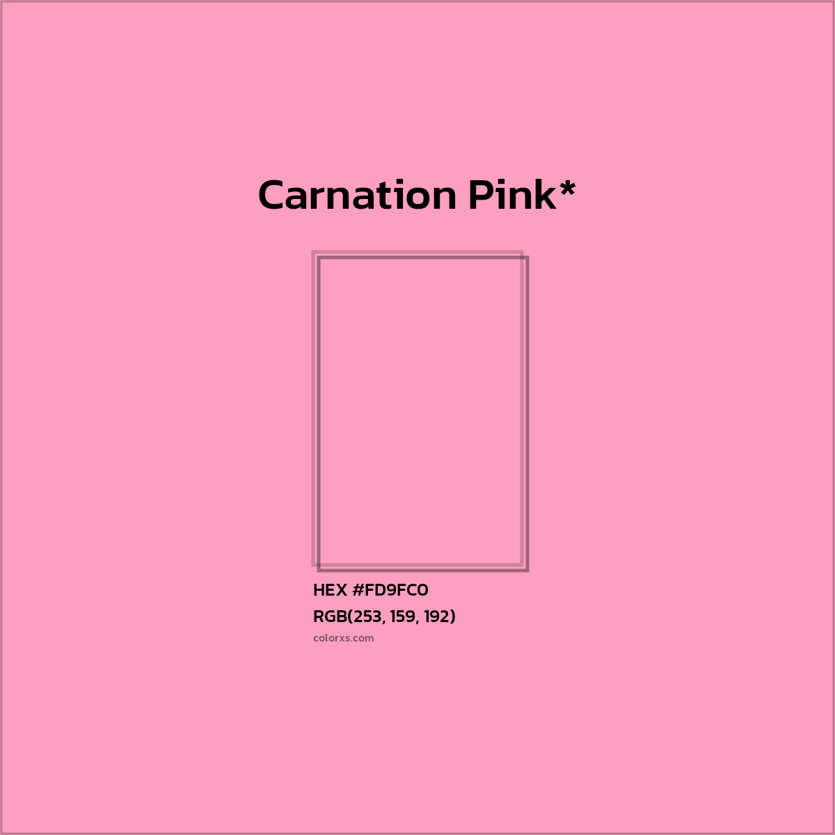 #FD9FC0 hex color. RGB, RYB, CMYK, HSL, HSV codes and color conversions. Matching color names, palettes, paints.